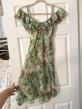 Vintage Y2K Fairycore Floral Lace Trim Ruffle Off Shoulder Midi Dress